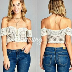 🆕 BOHO CREAM SS OFF  SHOULDER KNIT CROP TOP